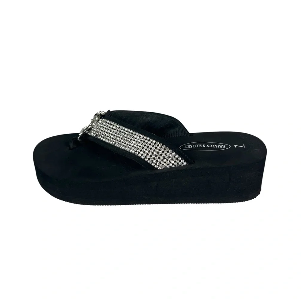 KRISTEN'S KLOSET Cat Lovers Rhinestone Slip On Wedge Flip Flop Sandals - Picture 2 of 10